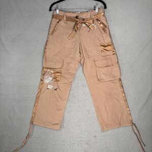 Cache Women’s Cropped Cargo Pants Size S Tan Brown Floral Boho Y2K Rave‎ Fairy